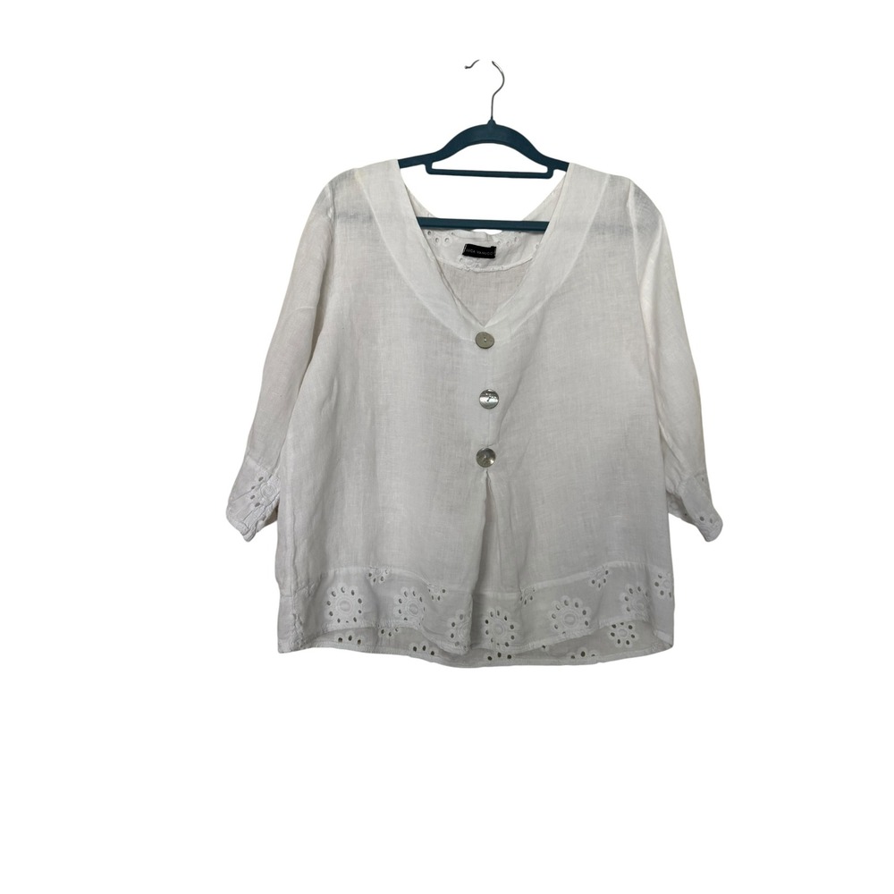 Luca Vanucci White Linen Eyelet Embroidered V-Neck 3/4 Sleeve Blouse Top Light